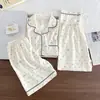 Conjunto de Pijama de Tres Piezas Simple Casual de Nube Verano Nuevo Manga Corta Shorts Pantalones Largos Ropa de Casa Delgada Verano Lindo