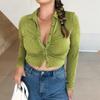 Amazon Cross-border Nova Mulher Sexy Plissado Navel Cardigan Lapela POLO Collar Single-breasted Camisa de manga comprida