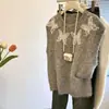 Chaleco Tejido sin Mangas con Lazo de Encaje Grueso y Perlas para Mujer Otoño Ropa de Punto de Alta Gama