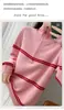 Estilo Relaxado Gola Polo Lã Pura Feminino Retrô Listrado Contrastante Rosa Suéter Feminino Outono e Inverno Pulôver Malha Top