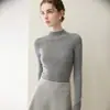 Suéter de cachemira pura de lujo para mujer, cuello semi-alto, acanalado, corte ajustado, manga larga, tejido sencillo, suéter básico ajustado