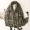 Lenço de algodão e linho europeu e americano, grosso, com toque de mão, estampa de leopardo, decorativo, feito à mão, com borla, gaze, xale feminino