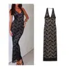 Comercio exterior europeo y americano sexy vestido de encaje jacquard con abertura en la espalda, corte ajustado, escote en V profundo, sin espalda, cuello halter