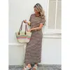 Vestido Longo Listrado de Manga Curta Feminino Verão Solto Estilo Resort Europeu Americano Transfronteiriço Casual Vestido de Praia