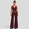 Conjunto fitness transfronteiriço com top de alça cruzada em V para yoga, conjunto de calças esportivas para corrida com cintura de punho de secagem rápida