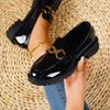 Mocassins de Couro Patentee com Corrente Transfronteiriça de Sola Grossa para Mulheres, Tamanho Grande, Comércio Exterior, Estilo Britânico, Salto Bloco, Versátil, Sapatos de Couro para o Dia a Dia