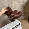 Versão em Couro de Vaca ~ Botas de Salto Alto Grosso para Mulheres 2025 Outono Estilo Igual de Meng Ling Botas de Cowboy Ocidental com Fivela Botas da Moda Cavaleiro