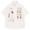 Camisa de manga corta con estampado de gofres retro americano y bordado floral colorido para hombre y mujer, camisa casual holgada de verano