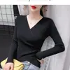 Nuevo Suéter Coreano Delgado de Primavera y Otoño, Camisa Base de Punto para Usar por Dentro y por Fuera, Top de Manga Larga para Mujer con Cuello en V Cruzado
