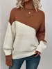 Suéter Feminino Europeu e Americano para Comércio Exterior Transfronteiriço Casual Malha Solta Cor Blocada Amazon Manga Longa Gola Redonda Top de Tricô