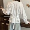 Camisa de Manga Larga con Encaje Empalmado Estilo Francés Nueva de Otoño para Mujer para Cubrir el Vientre, Cintura Delgada y Camisa Delgada con Cordones