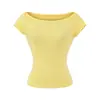 Camiseta básica lisa para mujer, color sólido, estilo básico, cuello barco, elegante, entallada en la cintura, adelgazante, sexy de manga corta, corte ajustado de algodón