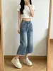 Jeans Cropped Vintage Bordado com Tema de Carpa da Moda para Mulheres, Shorts Largos Retos de Cintura Alta Finos de Verão