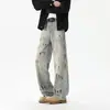 Jeans de Mezclilla con Manchas Estilo Retro Americano y Rasguños de Gato para Hombre, Lavables para Primavera y Otoño, Pantalones Rectos Holgados de Moda