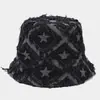 Sombrero de Pescador de Mezclilla con Borde Crudo en Forma de Estrella para Mujer, Sombrero de Cubo de Diseño de Nicho Azul, Circunferencia de Cabeza Grande, Sombrero de Cubo de Moda para Adelgazar el Rostro