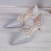 2025 Verão Novo Comércio Exterior Tamanho Grande Lantejoulas Salto Alto Sandálias Baotou de Bico Fino Salto Agulha Sapatos de Moda Femininos Prata