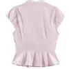 Camisa de manga curta com gola babado e design que afina a cintura, camisa curta listrada com barra babada, top de manga curta slim fit para o trabalho