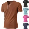 2025 Amazon Wish Aliexpress Novo Cardigã Colorido de Algodão com Decote V Pequeno Camisa Henley Casual Masculina de Manga Curta