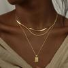 Colar Feminino Quadrado em Camadas de Marca, Corrente Empilhável Banhada a Ouro Verdadeiro 14K com Pingente Redondo em Camadas da Moda