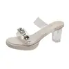 Sandalias de tacón transparente de cristal con pedrería estilo francés para mujer, chanclas de verano de una tira con tacón grueso de alta gama, sandalias de tacón alto para exteriores