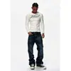 Patrón de punto de cruz, lavado azul claro, desgastado, plisado, pantalones vaqueros bordados a mano, unisex, retro, pierna curva, apilados, pantalones de pierna recta