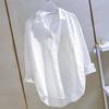 Camisa Casual de Algodão Branca Estilo Coreano Loose Artístico Primavera 2023 Bolso Duplo Frontal Curto Traseira Longa para Mulheres