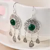 Nuevos Pendientes para Mujer Estilo Chino Retro Plata Ágata Verde Exótico Patrón Hueco Pendientes de Borla Forma de Lágrima Calcedonia Amarilla
