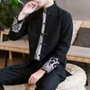 Chaqueta estilo chino con cuello mao y botones decorativos, conjunto de ropa exterior retro estampada tipo traje Tang para hombre, talla grande, corte holgado, para primavera/otoño, y pantalones casuales