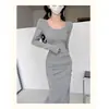 Vestido Sexy de Color Sólido con Cuello en U y Pliegues de Manga Larga para Mujer, Vestido de Primavera Ajustado Bodycon con Abertura Trasera, Venta al por Mayor