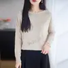 Estilo transfronteiriço solto e descontraído, suéter de tricô listrado vazado para mulheres, gola redonda, design color-block, mangas compridas, caimento solto, feito com Tencel e linho