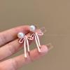 Pendientes colgantes con lazo rosa y perla francesa en la espalda, diseño de nicho para mujer, únicos, bonitos y dulces.