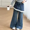 Nuevos pantalones largos de otoño para niñas, pantalones vaqueros anchos de estilo coreano, dulces y versátiles, con ribete de encaje para niñas pequeñas