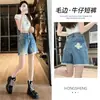 Shorts jeans rasgados de cor clara para mulheres, novo estilo de verão, plus size, cintura alta, soltos, modeladores, barra desfiada, hot pants em A