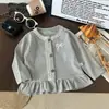 Camiseta Base para Niñas Estilo Primavera y Otoño Manga Larga Estilo Coreano Chaqueta con Volantes y Encaje Cárdigan de Punto Venta al por Mayor