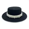 Cinturón de Perlas Estilo Hepburn Francés Sombrero de Copa Plana Estilo Dama de Moda Sombrero Negro Retro Británico para Mujer Otoño e Invierno