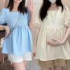 Traje de maternidad Verano Delgado Suelto Moda Top de cuello cuadrado Shorts Casual Adelgazante Traje pequeño de verano