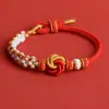Pulseira Ajustável Tecida com Miçanga e Pingente Dourado DIY Semiacabada Nó Pêssego Cordão Vermelho Pulseira para Mulheres Atacado Feito à Mão