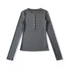 Ap25606-25 Nuevo Estilo Otoño Estilo Europeo y Americano Tencel Manga Larga Cuello Redondo Un Botón Sencillo Básico Camiseta de Base T-Shirt