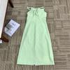 Stock Listo Vestido Francés de Verano Fresco Verde Manzana con Tirantes Arrugados de Textura Cómoda y Falda Larga a la Moda