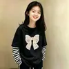 Camiseta Patchwork de Algodão Puro para Meninas Manga Longa Estilo Primavera/Outono 2026 Nova Estilosa Camada Base Infantil Média a Grande Falsa de Duas Peças