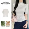 Camiseta de manga tres cuartos con cuello semialto de Lyocell K2962 para mujer, ajuste slim de verano, versátil, top básico de hombro normal
