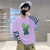 Linda Moda Dibujos Animados Estampado Algodón Puro Falso Dos Piezas Camiseta para Bebés Niños 2026 Otoño Manga Larga
