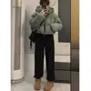 Calça de Moletom Cinza Feminina para Outono, Cintura Alta, Calça Reta Fluida de Perna Larga, Estilo Americano Petite Casual, Calça de Moletom Forrada com Fleece para Outono/Inverno