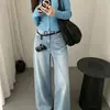 Jeans de guadaña lavados retro americanos para mujer, nuevo estilo de otoño, de cintura alta, holgados, de pierna recta, de pierna ancha, pantalones de guadaña hasta el suelo