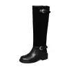Botas de montaria femininas de couro de cano alto, novo estilo outono e inverno, bico redondo, patchwork, salto médio grosso, botas over-the-knee