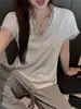 Camiseta blanca de manga corta con escote en V y encaje en contraste, estilo francés para mujer, nueva moda de verano, elegante, hombro normal, corte holgado