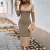 Di Yun Ropa Femenina Transfronteriza Europea y Americana Amazon Otoño e Invierno 2025 Vestido Suéter Ajustado y Sexy de Punto con Rayas de Contraste y Cuello en V Profundo