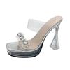 Zapatos de Tacón Show de Autos Tacón Grueso Sandalias de Pedrería Cristal Transparente Impermeable Plataforma Modelo Pasarela Zapatillas de Mujer