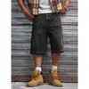 Talla europea [Cruzado para Hombre] Nuevos shorts de mezclilla negros para hombre, estilo callejero, con estampado de letras, sin elasticidad, para verano