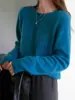 Cardigan de Tricô Gola Redonda em Lã Estilo Francês com Toque Aveludado para Mulheres, Jaqueta Versátil de Cor Sólida para Outono e Inverno